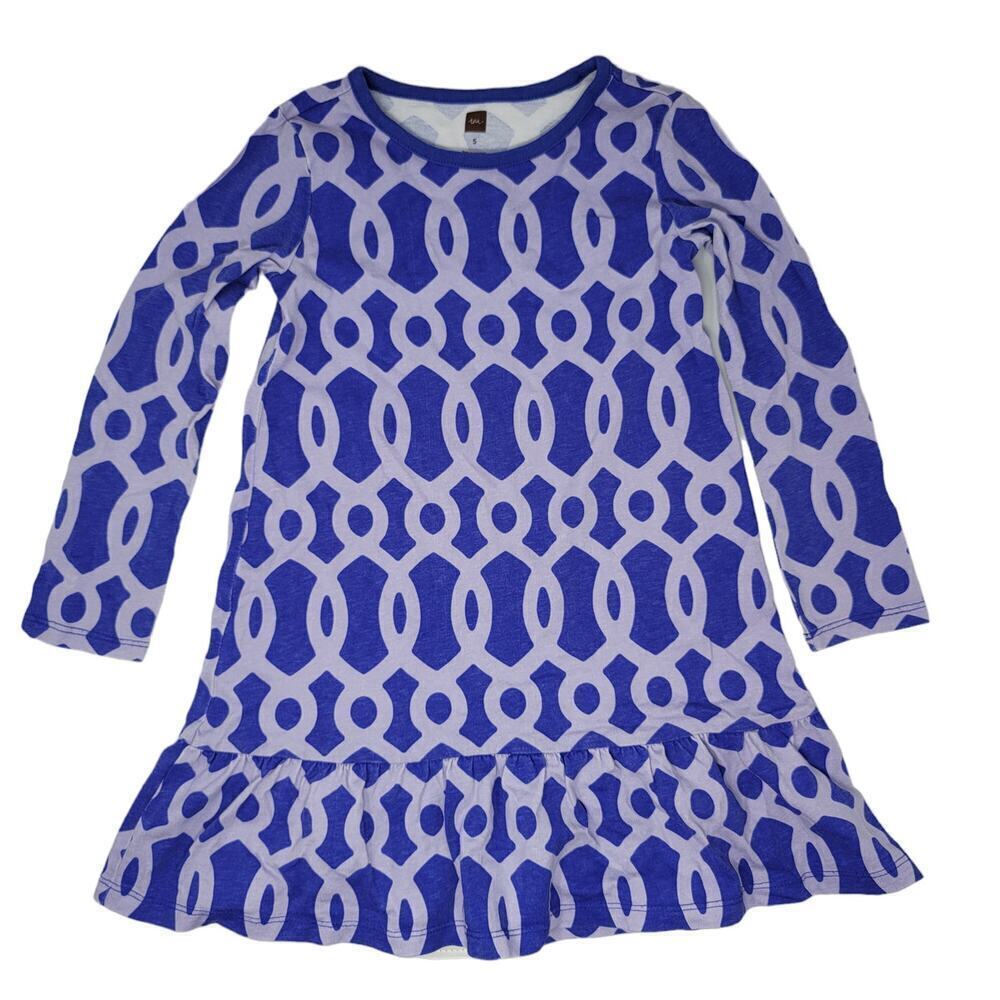 Tea Collection Geometric Ruffle Drop Waist Long Sleeve Baby Dress Purple Size 5